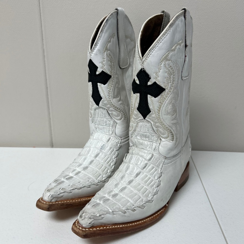 Aguila Real Cowboy Boots Kids MEX 19 US 12C White Leather Black Cross Alligator